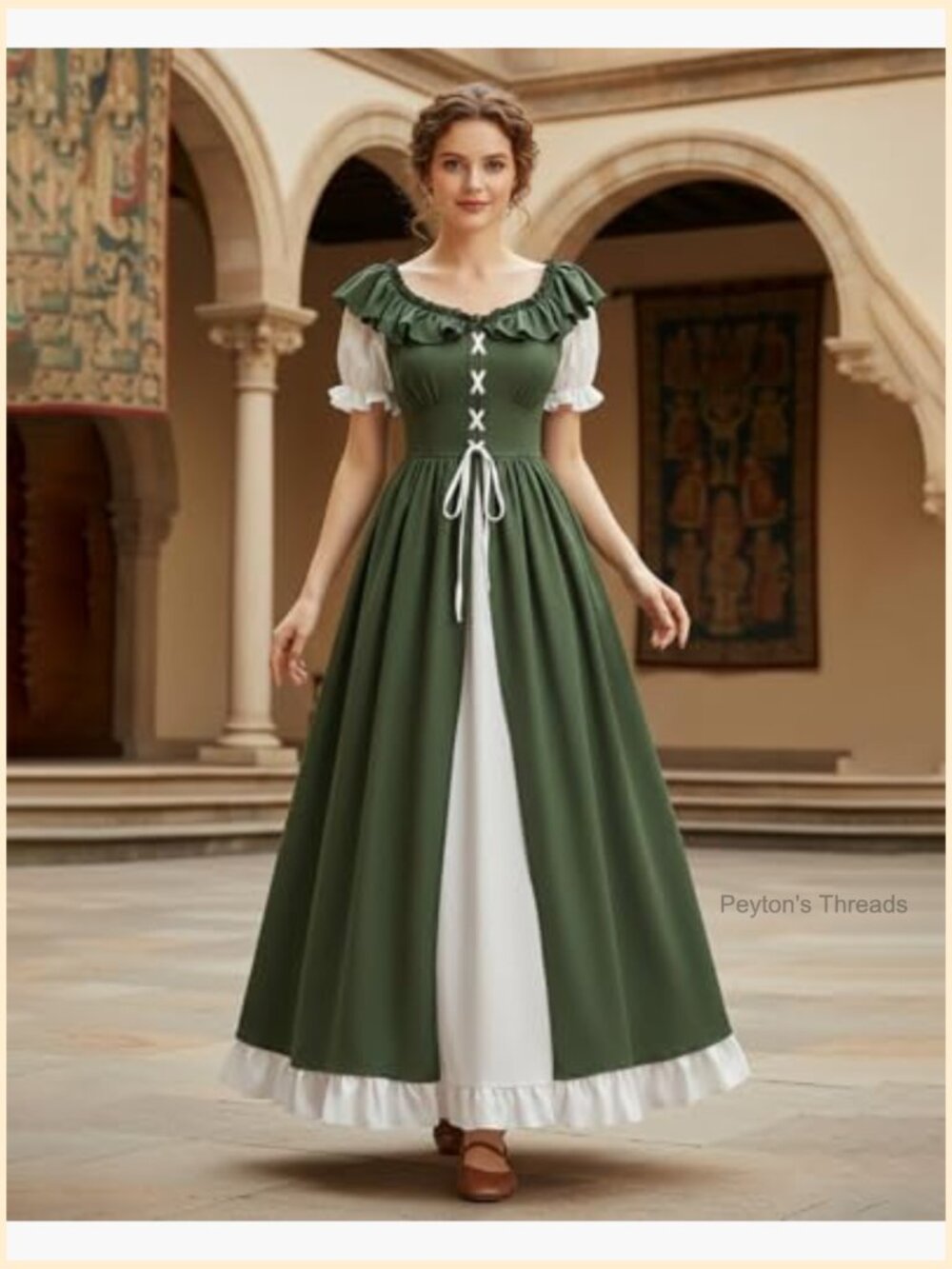 Renaissance Dress Women Medieval Costume Lace Up Puff Sleeves Maxi Ren Faire - Picture 3 of 7
